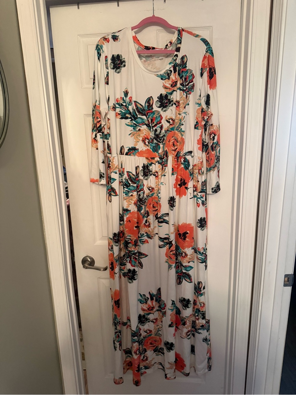 White Maxi Dress with Coral Floral Print - Women